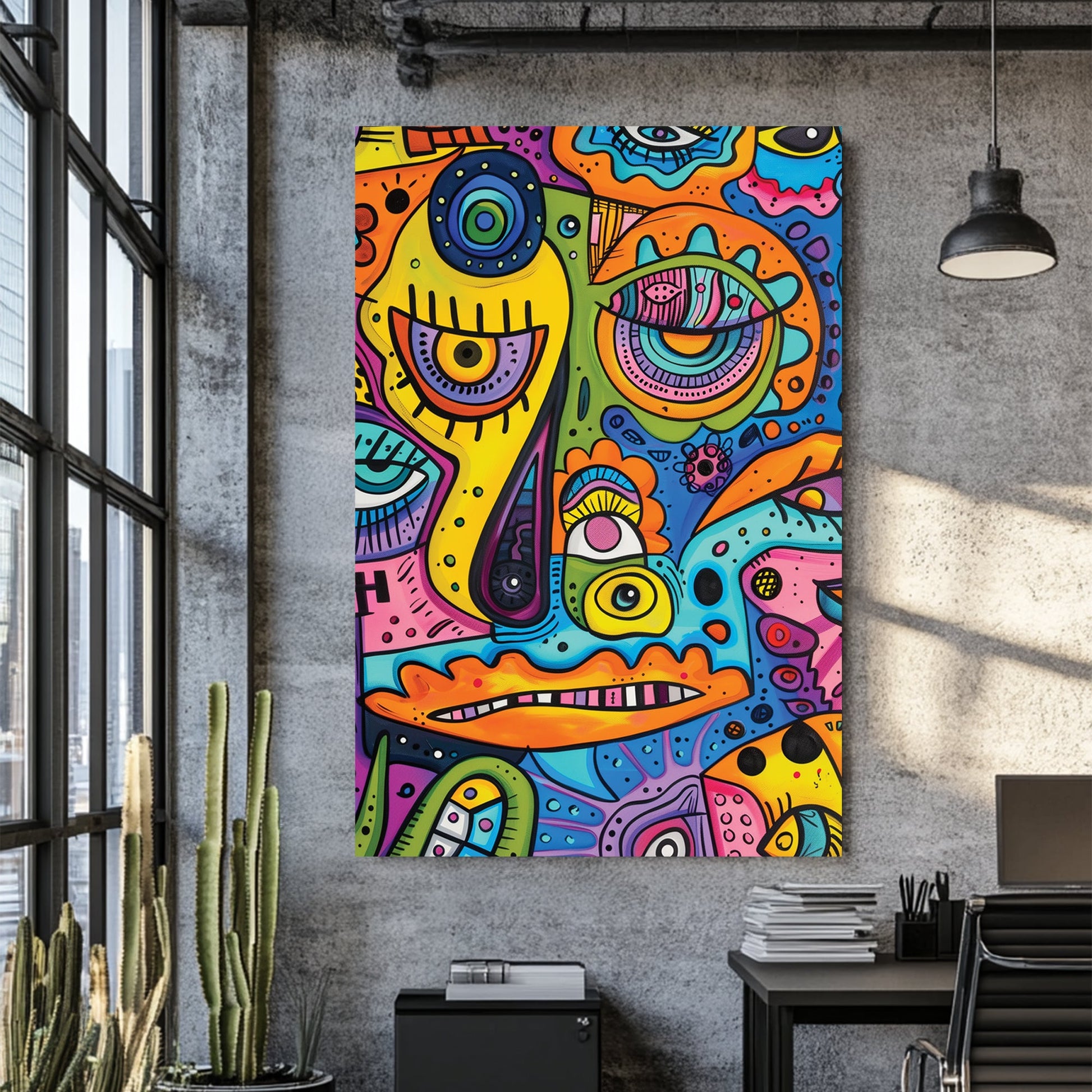 abstract cartoon character wall art with bright neon colours