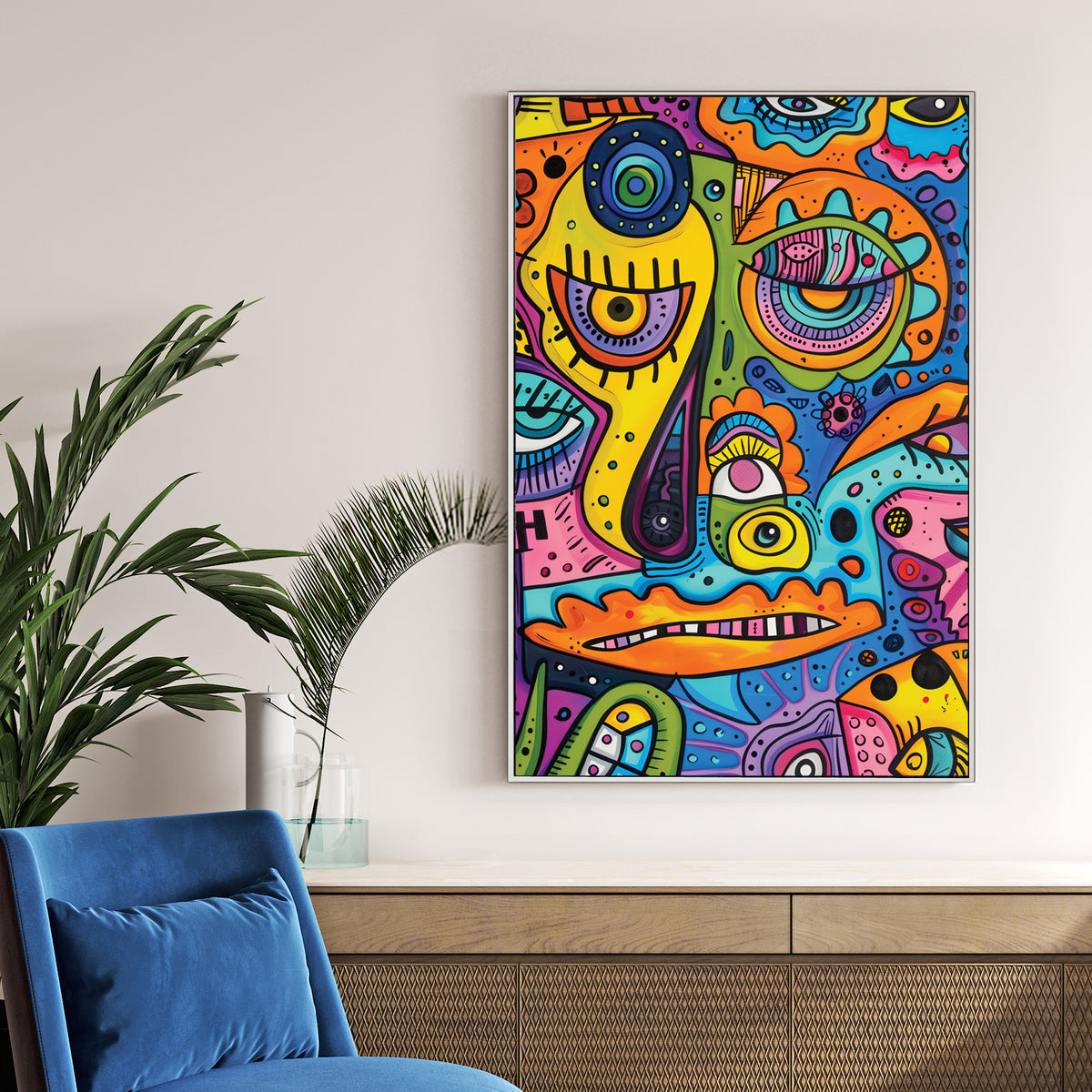 abstract cartoon character wall art with bright neon colours