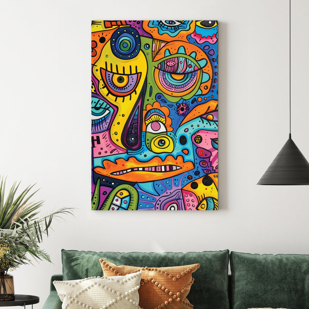 abstract cartoon character wall art with bright neon colours