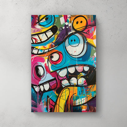 graffiti cartoon character wall art with bright colours and bold expressions