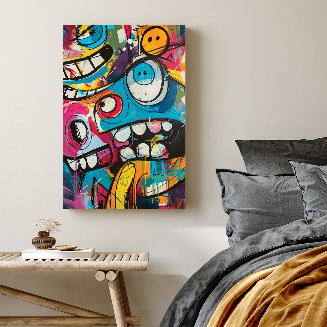 graffiti cartoon character wall art with bright colours and bold expressions
