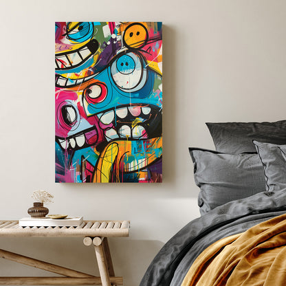graffiti cartoon character wall art with bright colours and bold expressions