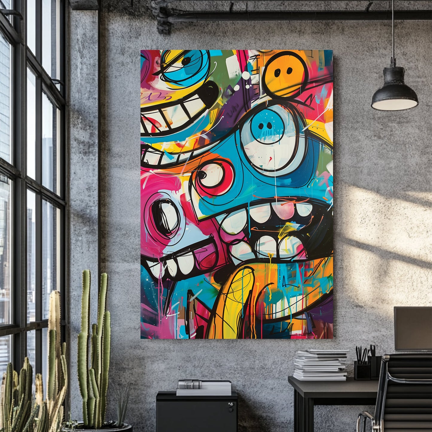 graffiti cartoon character wall art with bright colours and bold expressions