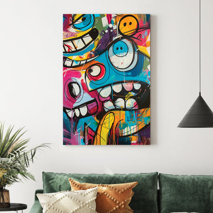 graffiti cartoon character wall art with bright colours and bold expressions