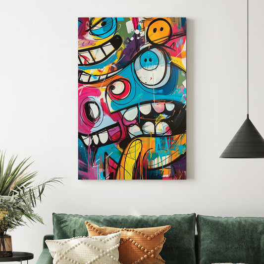 graffiti cartoon character wall art with bright colours and bold expressions