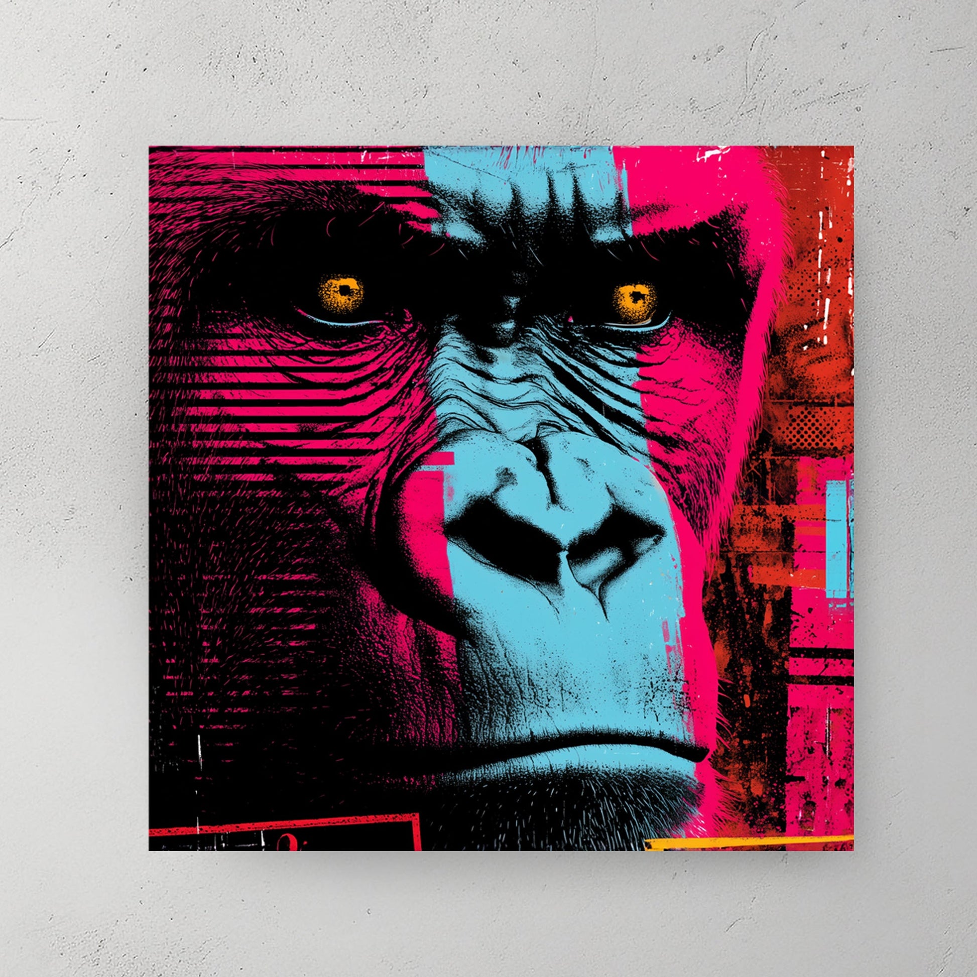 neon gorilla face wall art with bold cyan and magenta tones