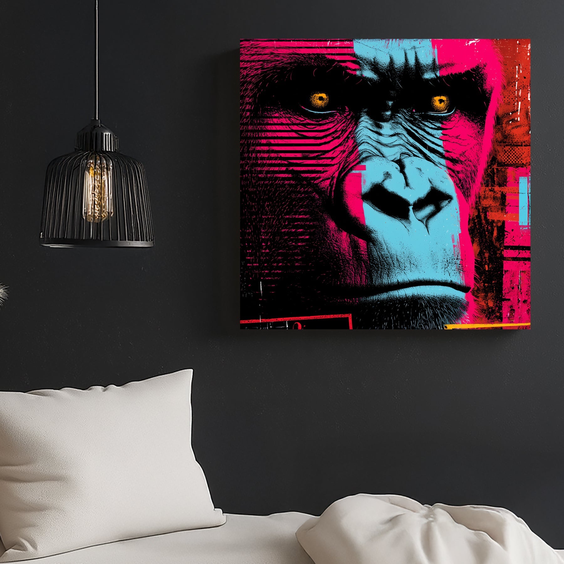 neon gorilla face wall art with bold cyan and magenta tones
