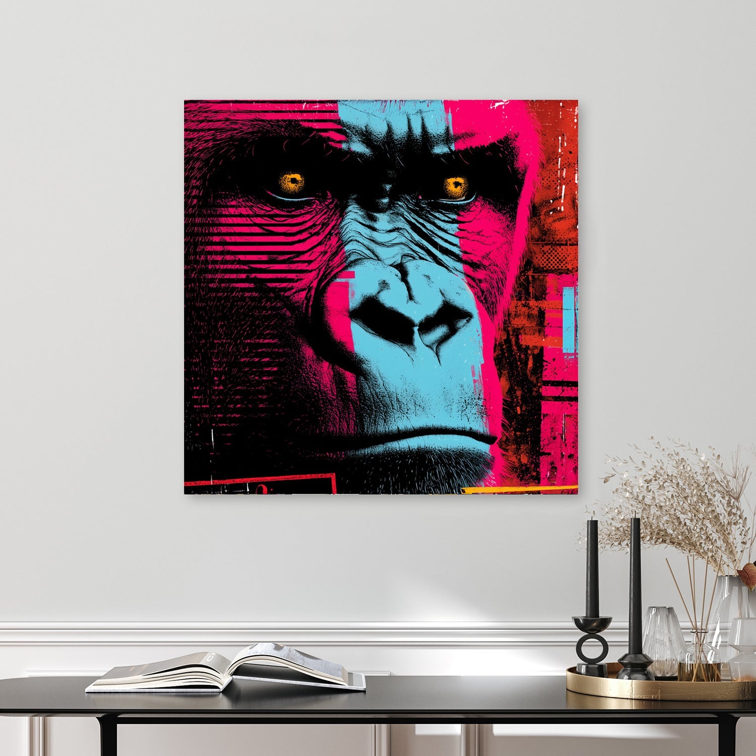 neon gorilla face wall art with bold cyan and magenta tones