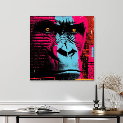 neon gorilla face wall art with bold cyan and magenta tones