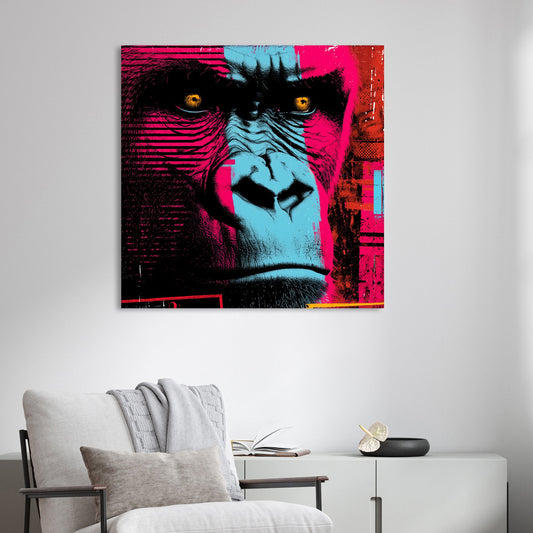 neon gorilla face wall art with bold cyan and magenta tones