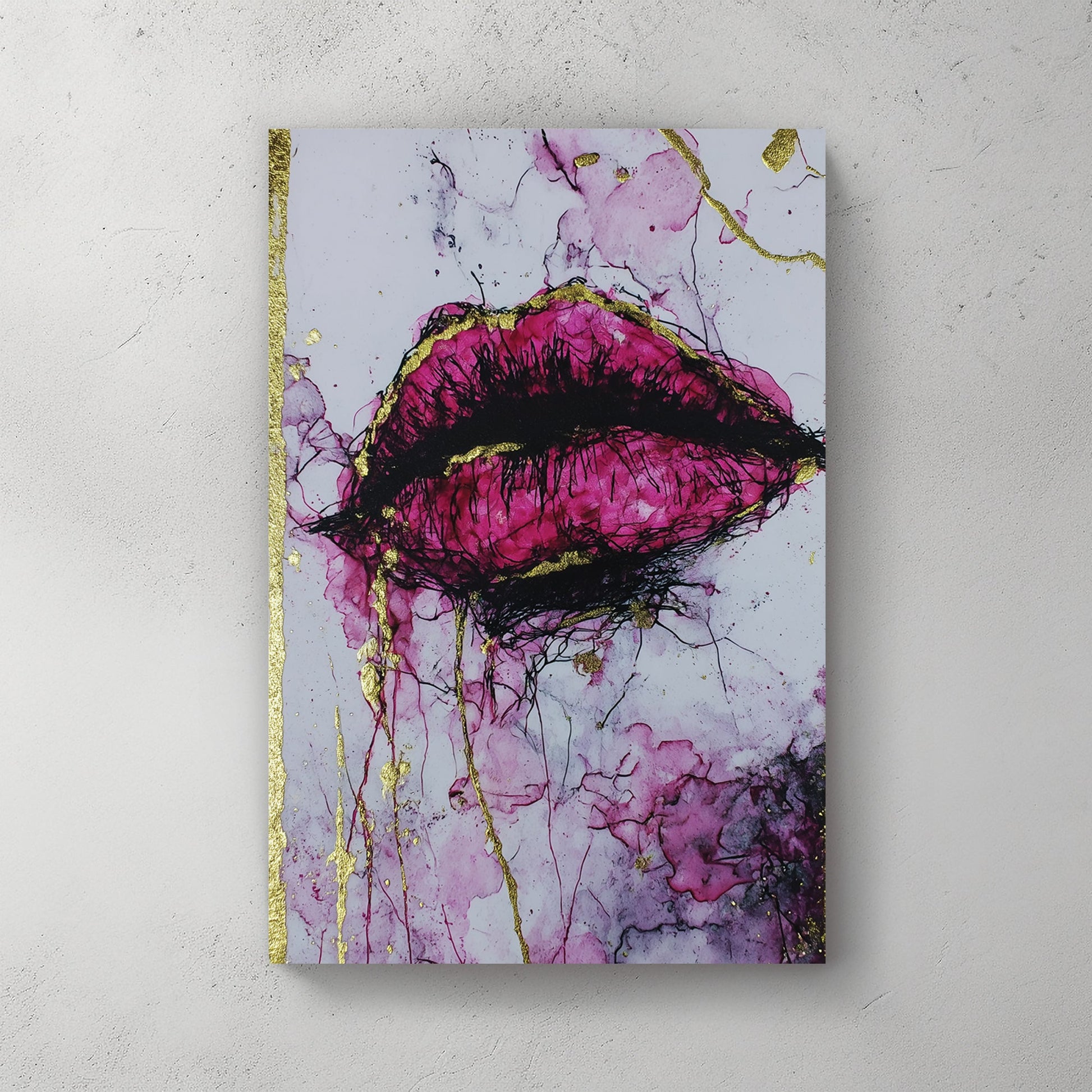abstract magenta lips wall art with gold accents