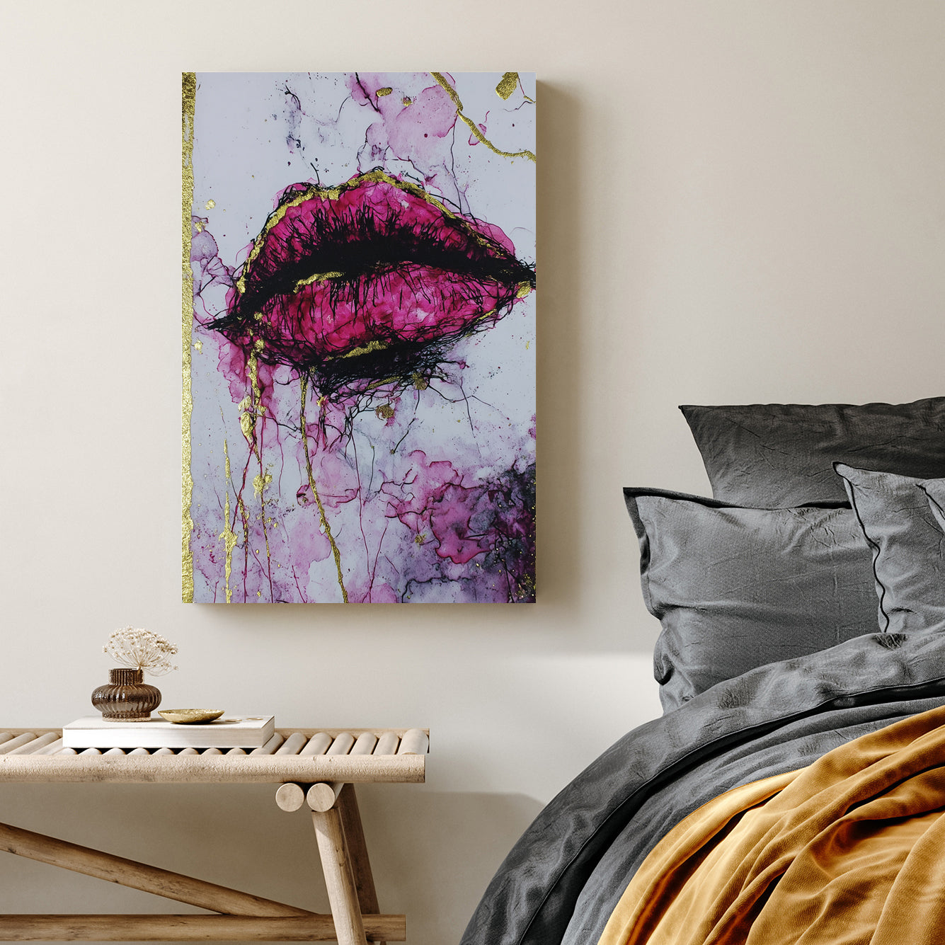 abstract magenta lips wall art with gold accents