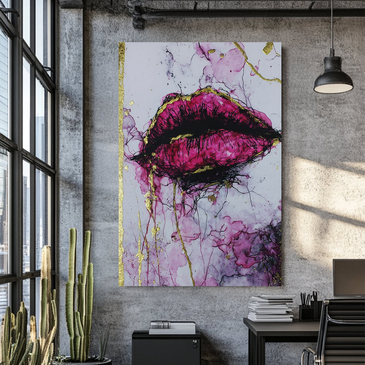 abstract magenta lips wall art with gold accents
