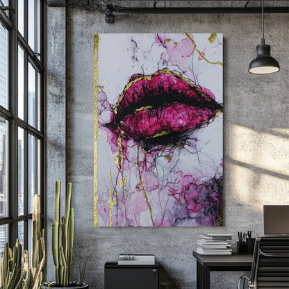 abstract magenta lips wall art with gold accents