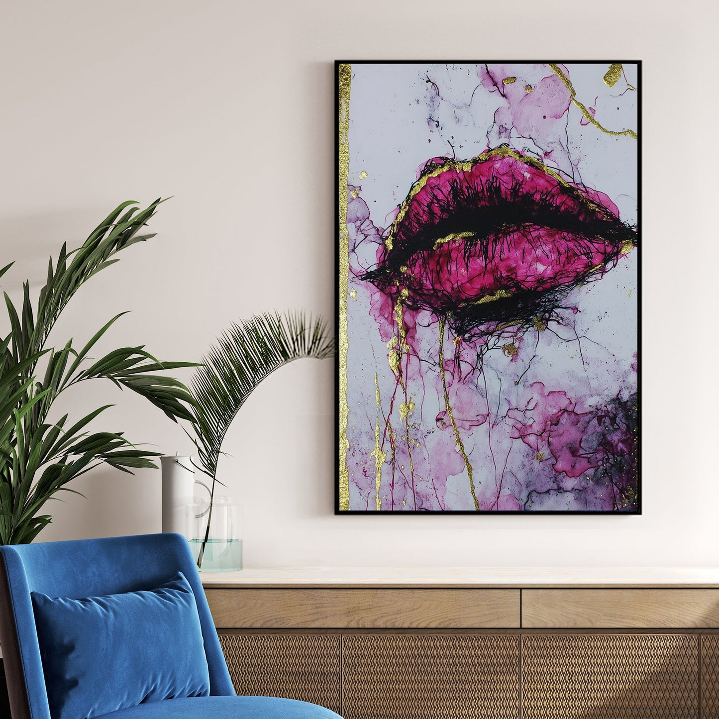 abstract magenta lips wall art with gold accents
