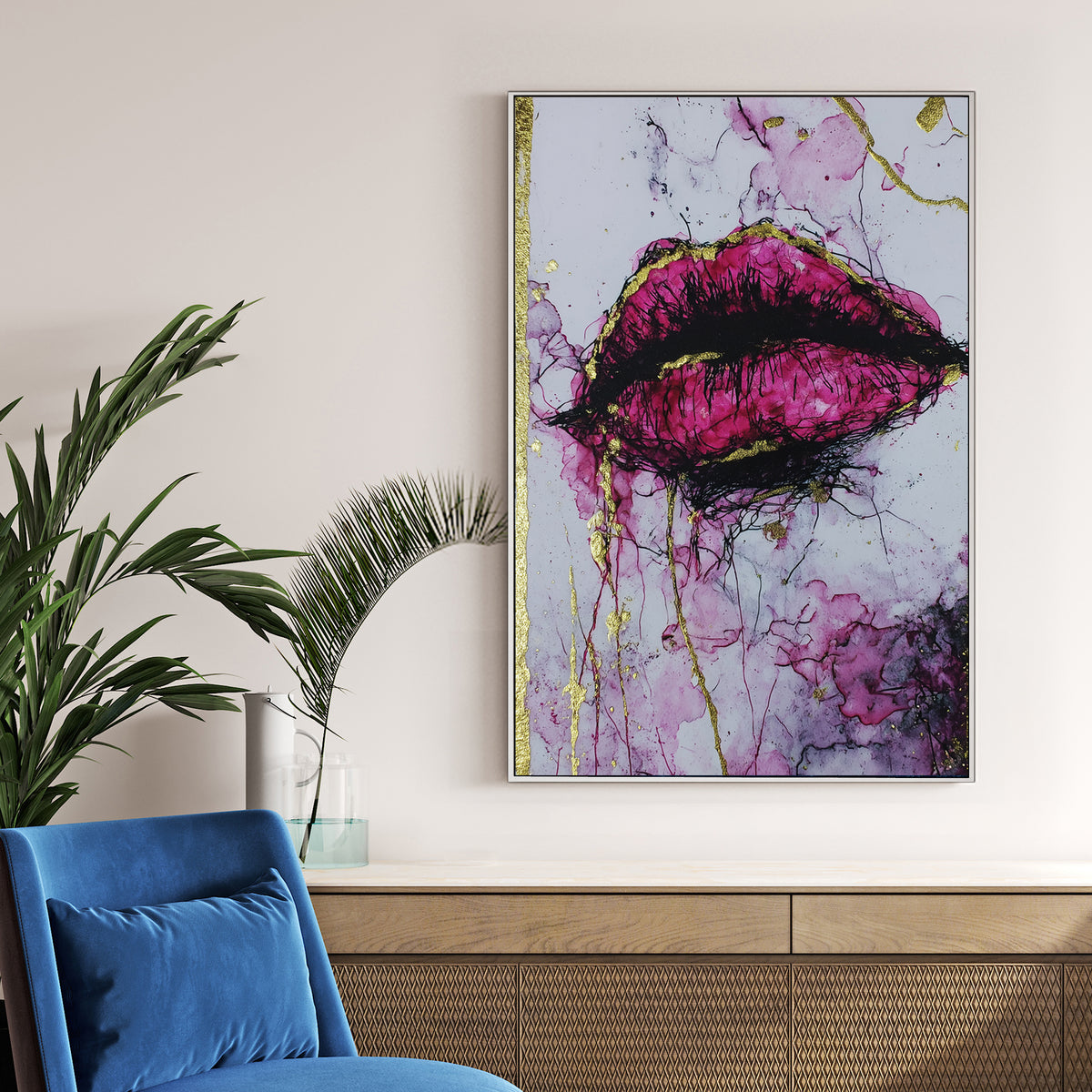 abstract magenta lips wall art with gold accents