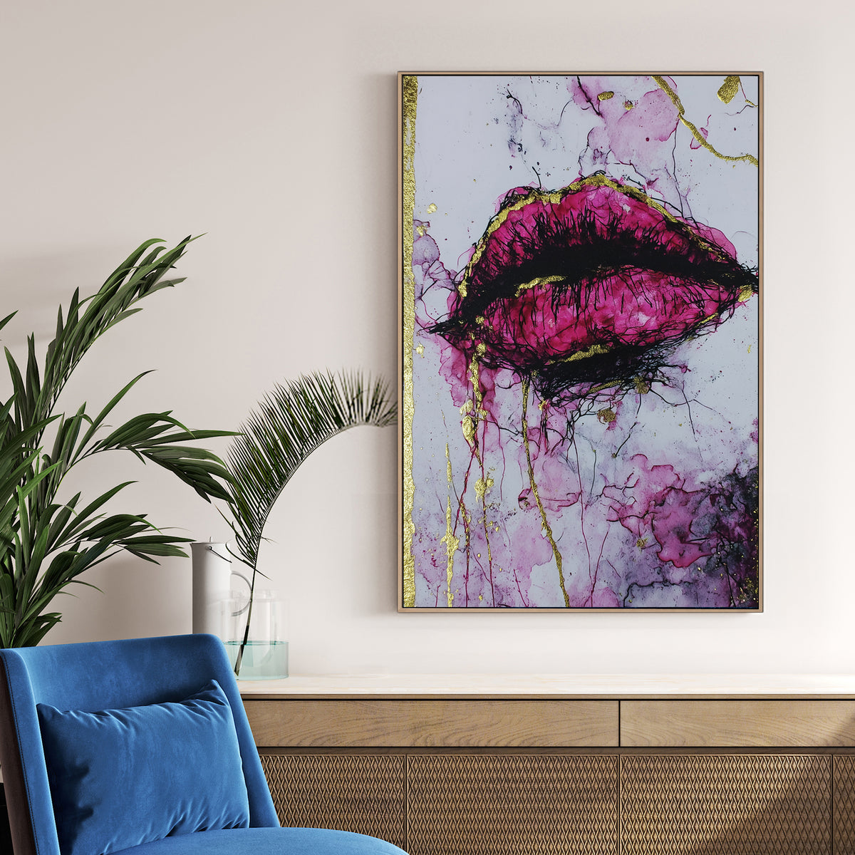 abstract magenta lips wall art with gold accents