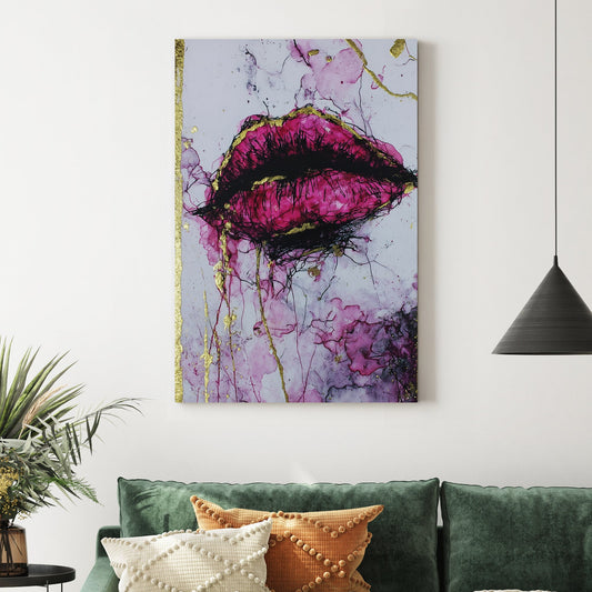 abstract magenta lips wall art with gold accents