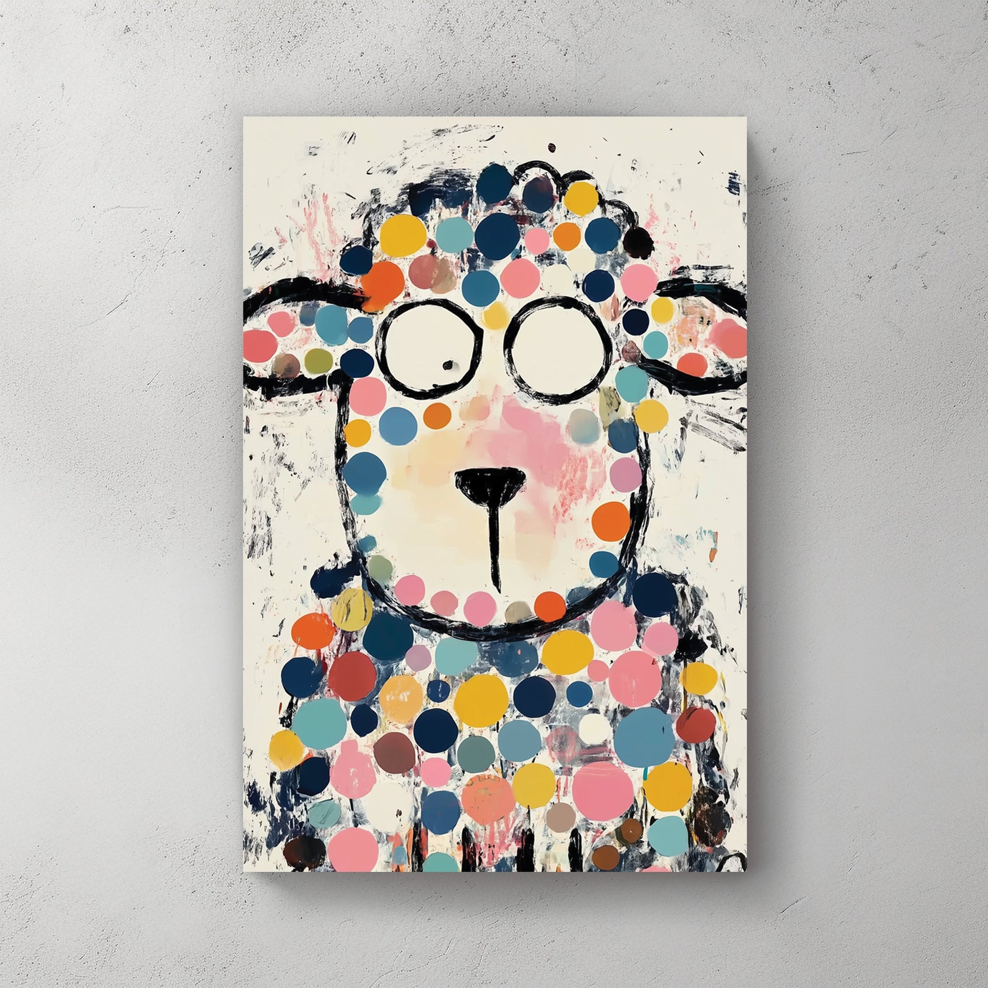 colourful cartoon sheep wall art with polka dots
