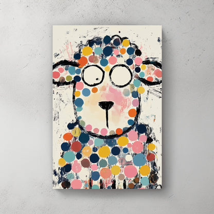 colourful cartoon sheep wall art with polka dots