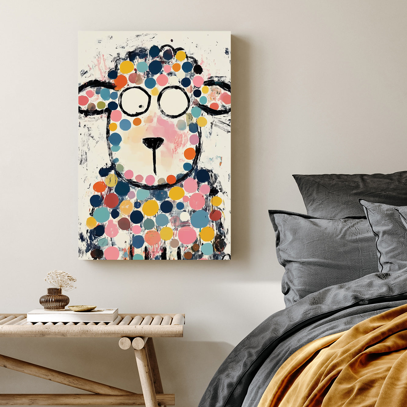 colourful cartoon sheep wall art with polka dots