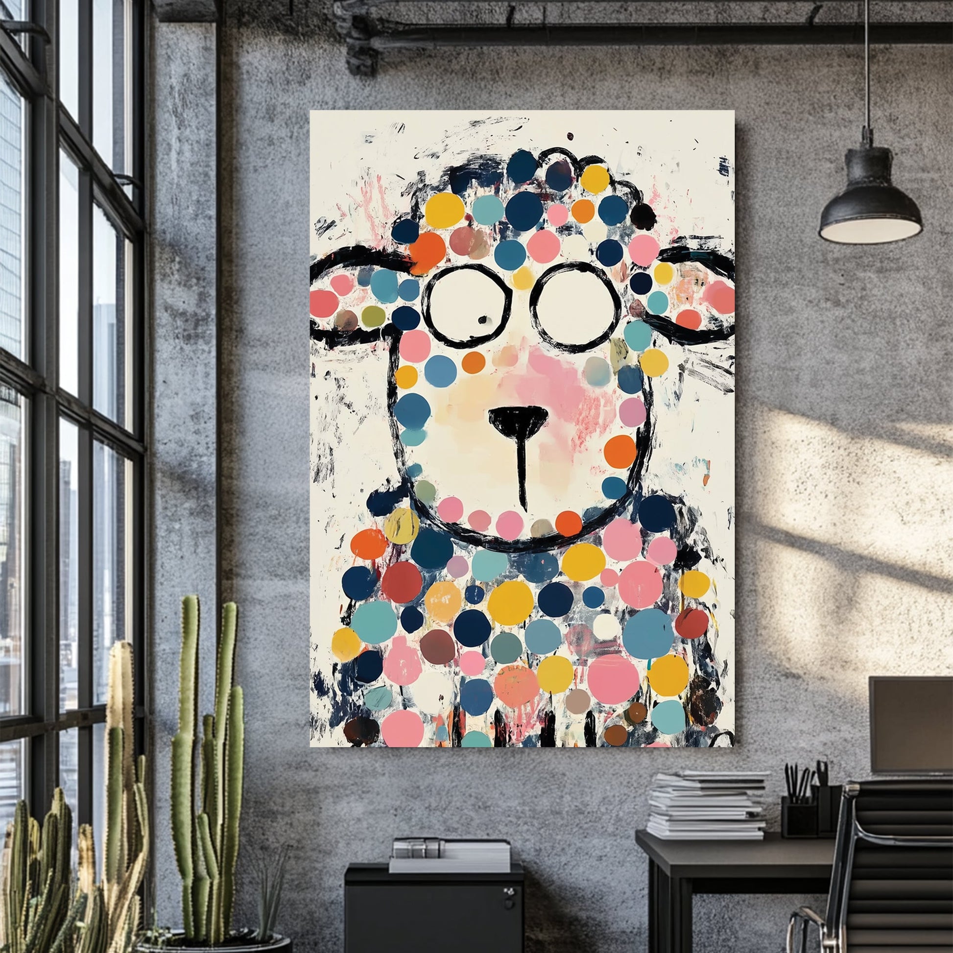colourful cartoon sheep wall art with polka dots