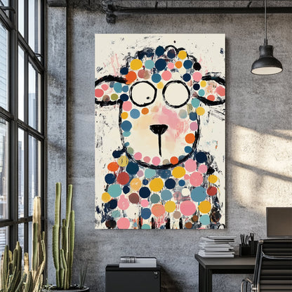 colourful cartoon sheep wall art with polka dots