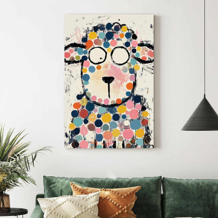 colourful cartoon sheep wall art with polka dots