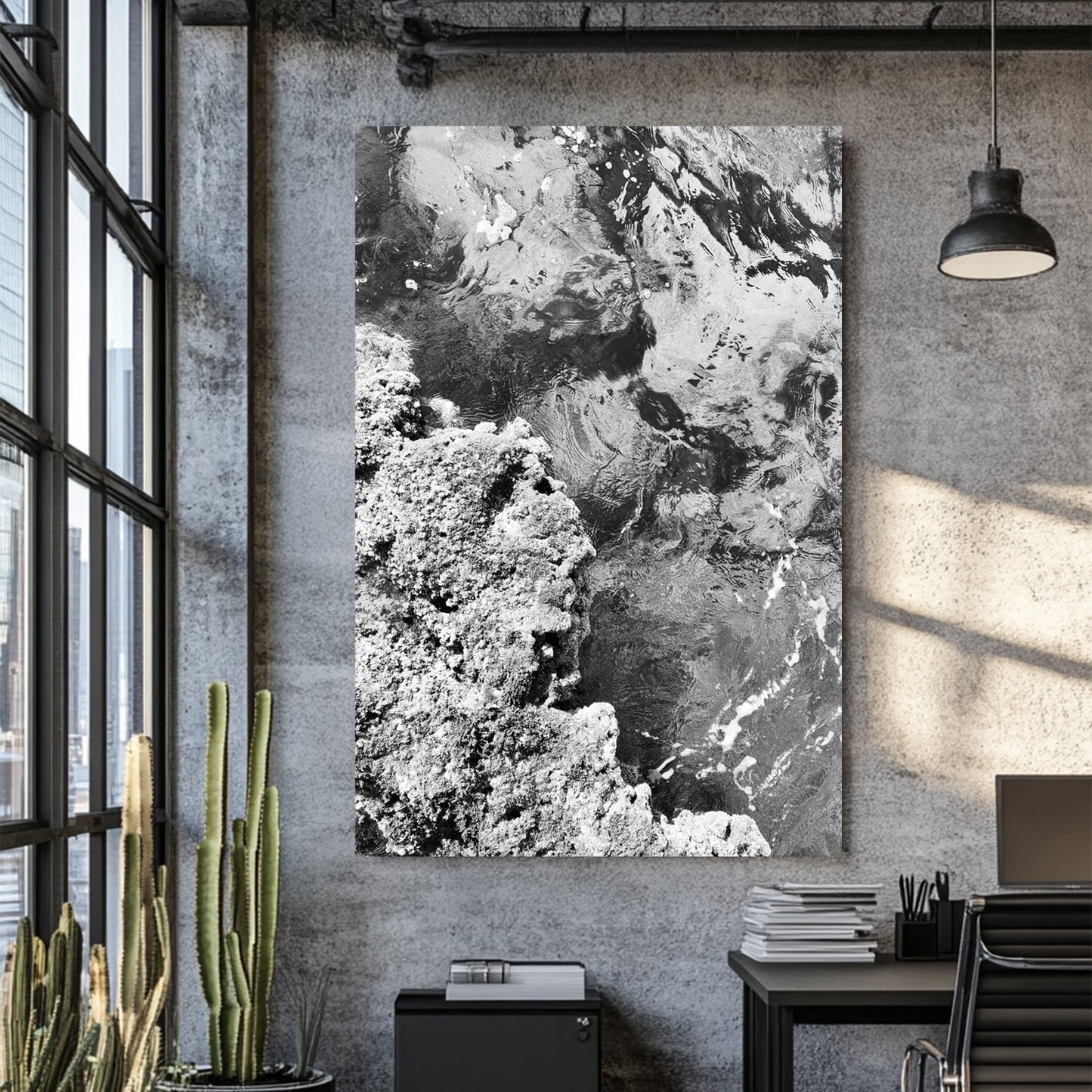 black and white Palermo coast wall art with ocean texture and rock