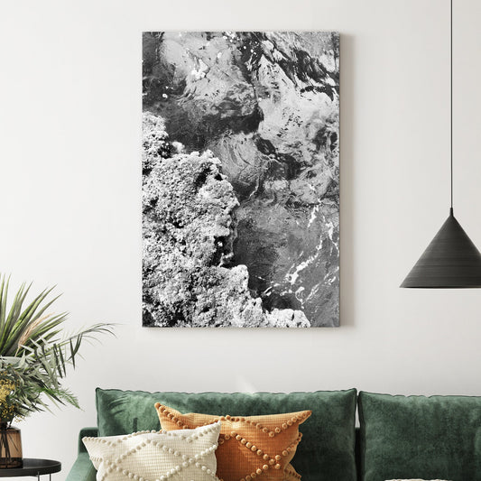black and white Palermo coast wall art with ocean texture and rock