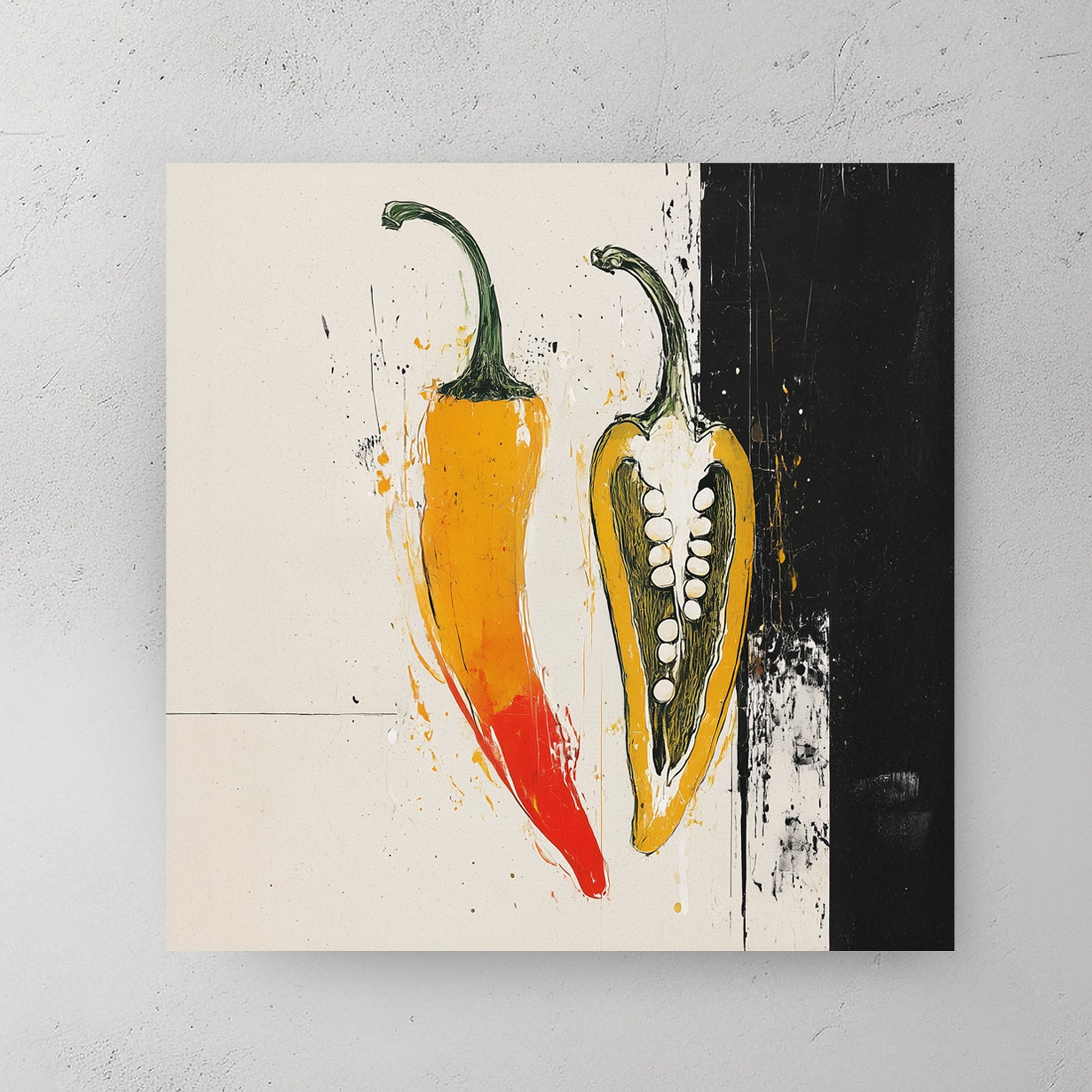 abstract chili pepper wall art with bold colours and split design