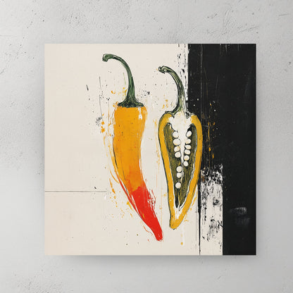 abstract chili pepper wall art with bold colours and split design