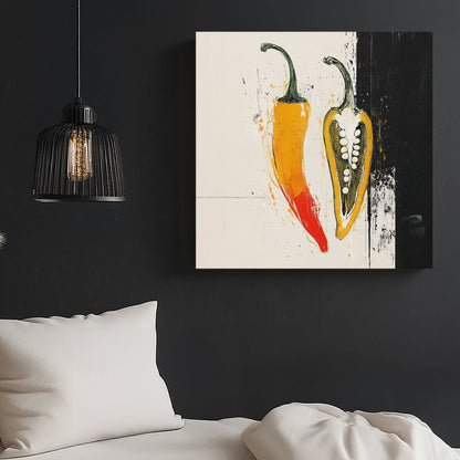 abstract chili pepper wall art with bold colours and split design