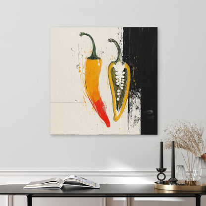 abstract chili pepper wall art with bold colours and split design