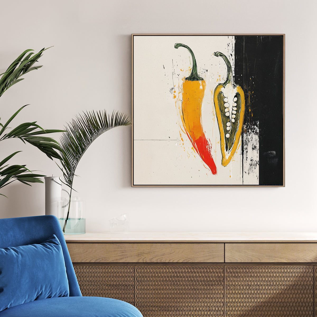 abstract chili pepper wall art with bold colours and split design