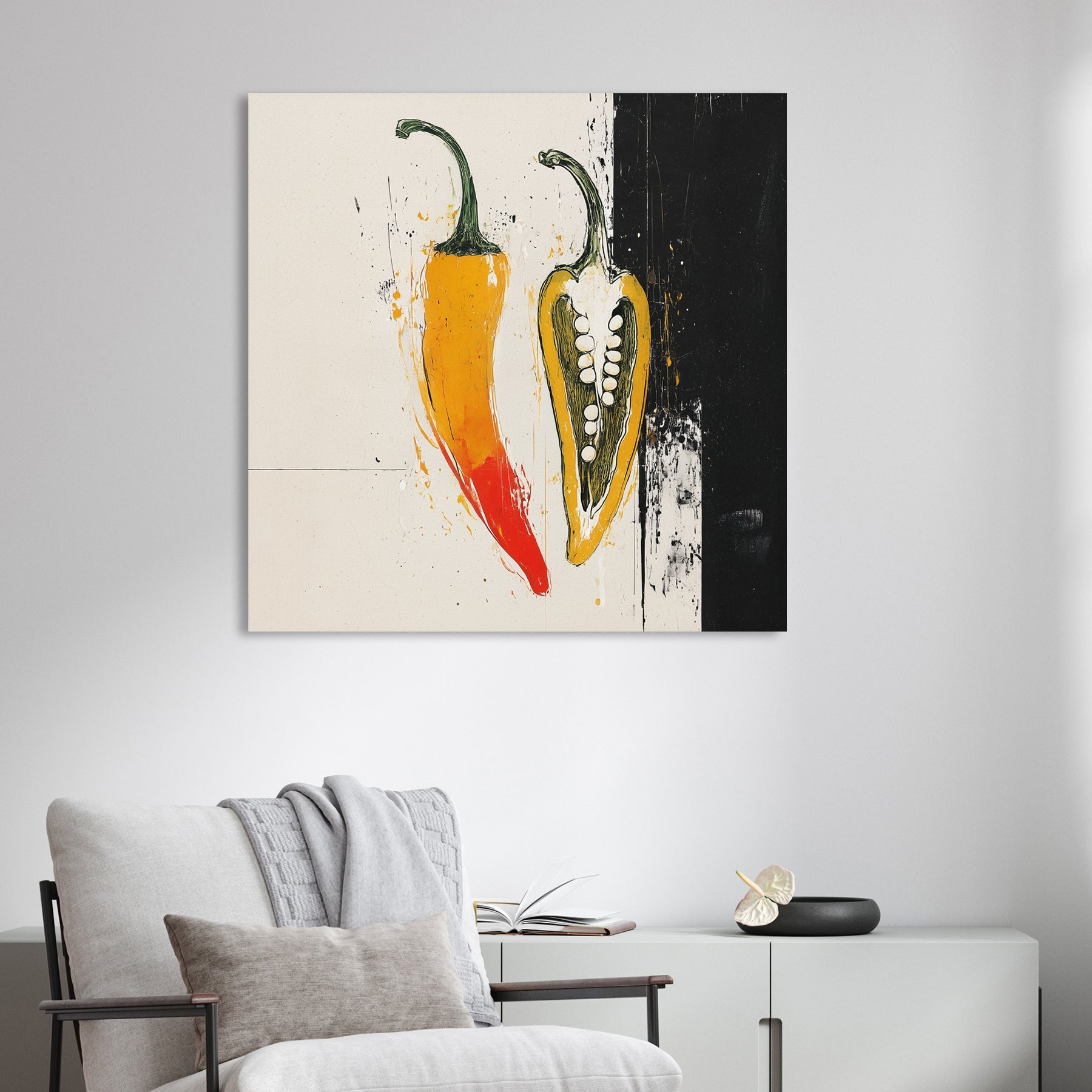 abstract chili pepper wall art with bold colours and split design