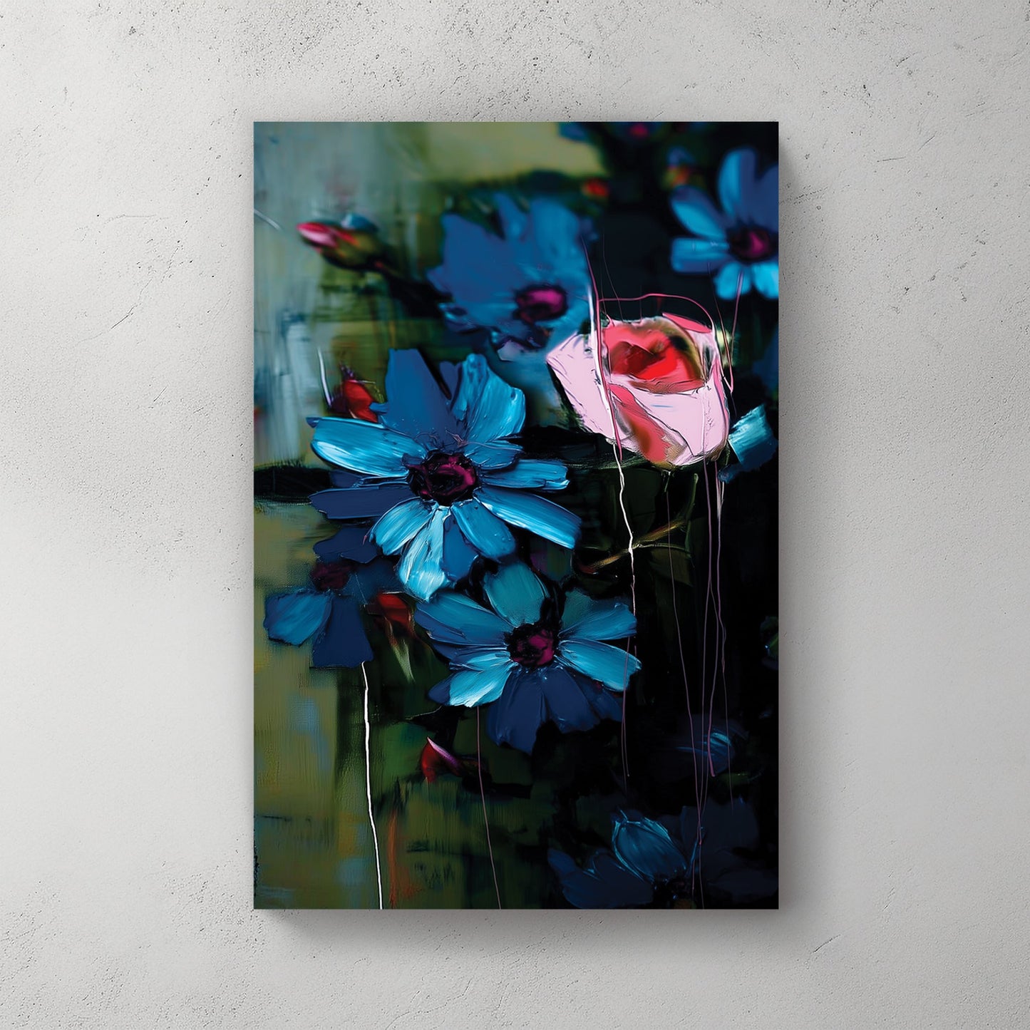 expressive floral wall art with blue flowers and pink rose on dark