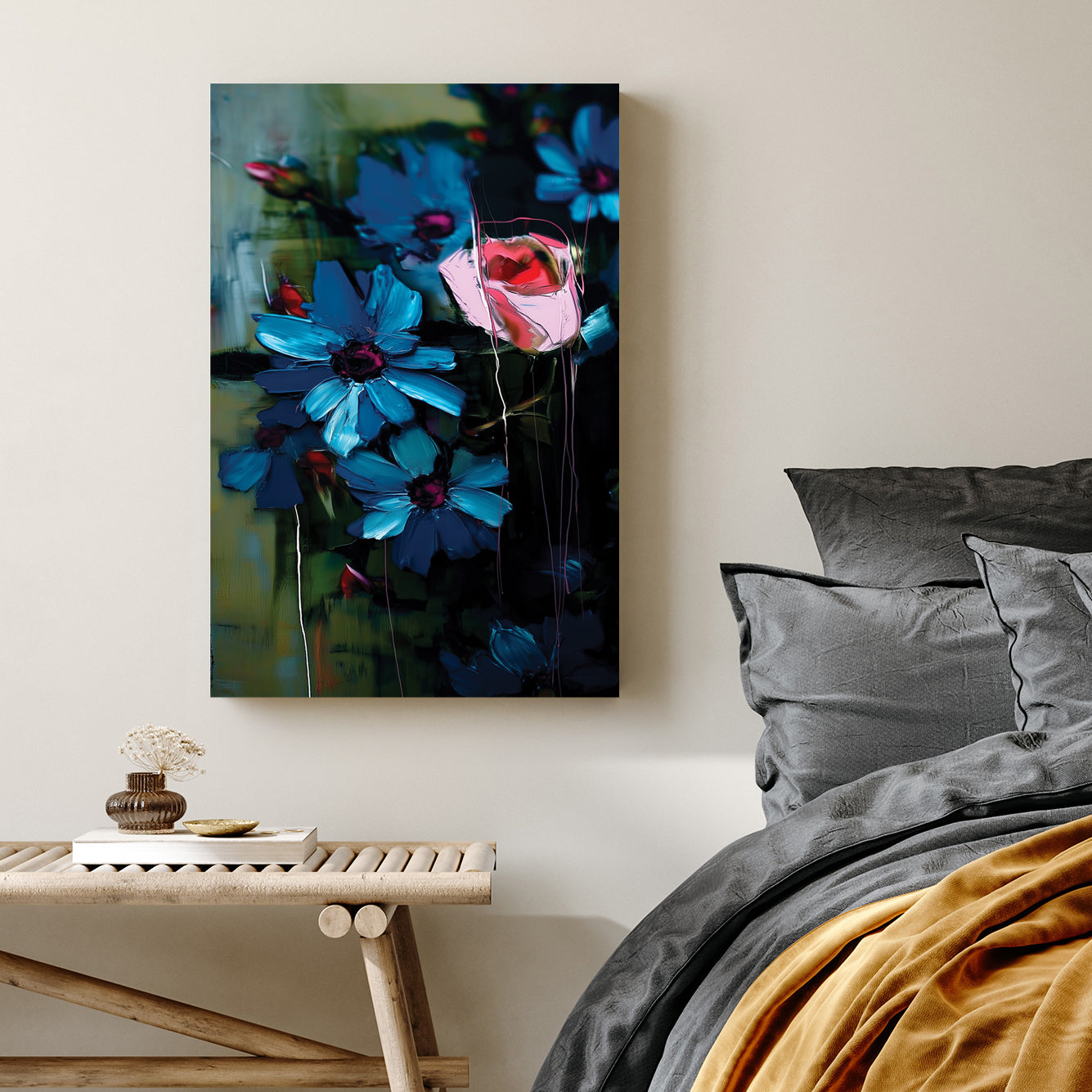 expressive floral wall art with blue flowers and pink rose on dark