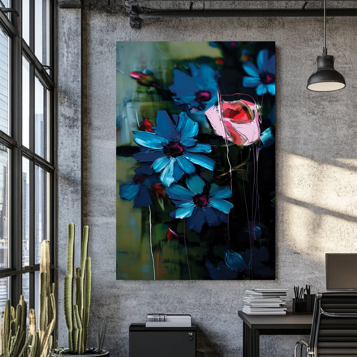 expressive floral wall art with blue flowers and pink rose on dark