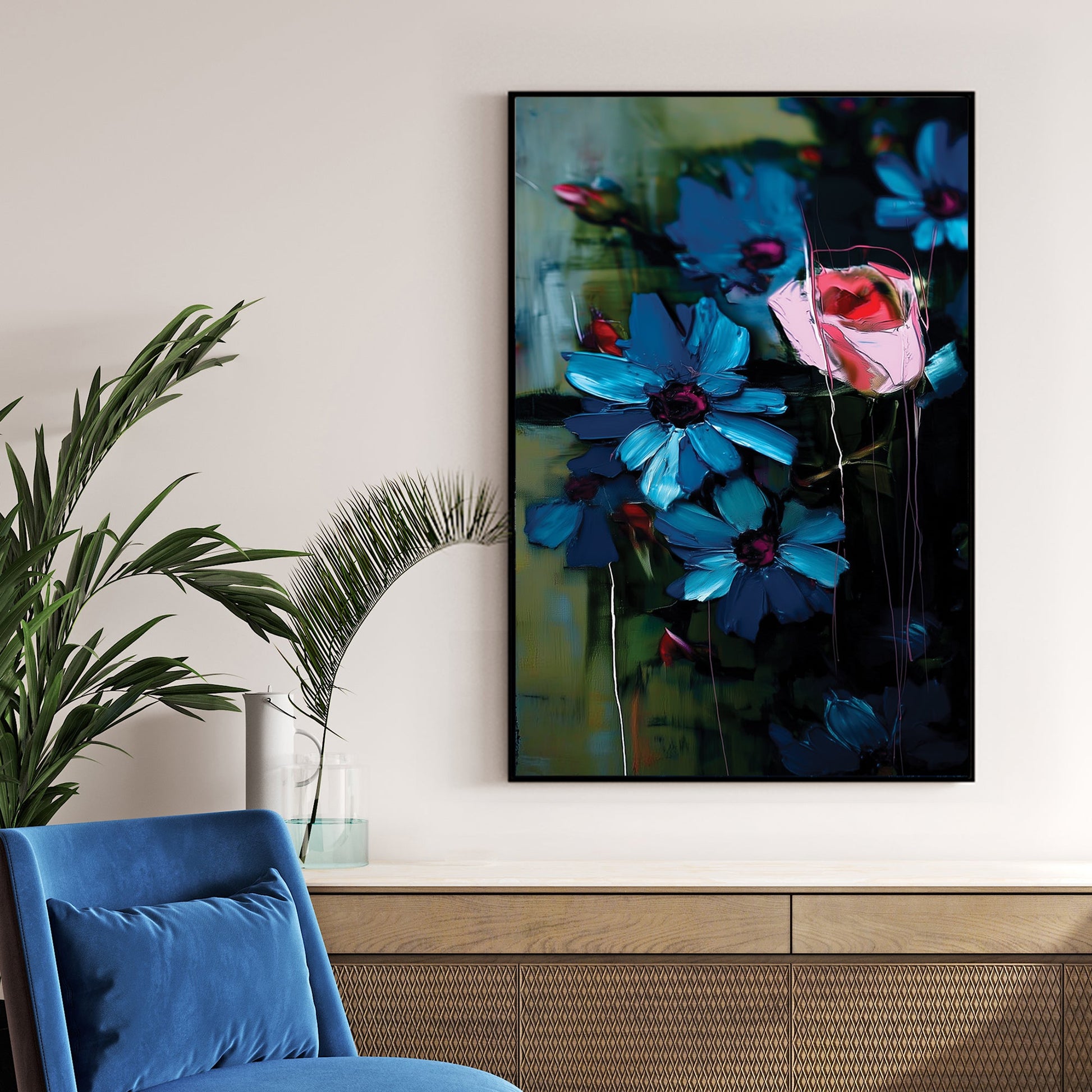 expressive floral wall art with blue flowers and pink rose on dark