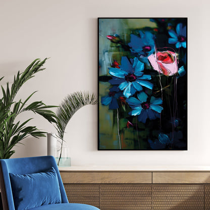 expressive floral wall art with blue flowers and pink rose on dark