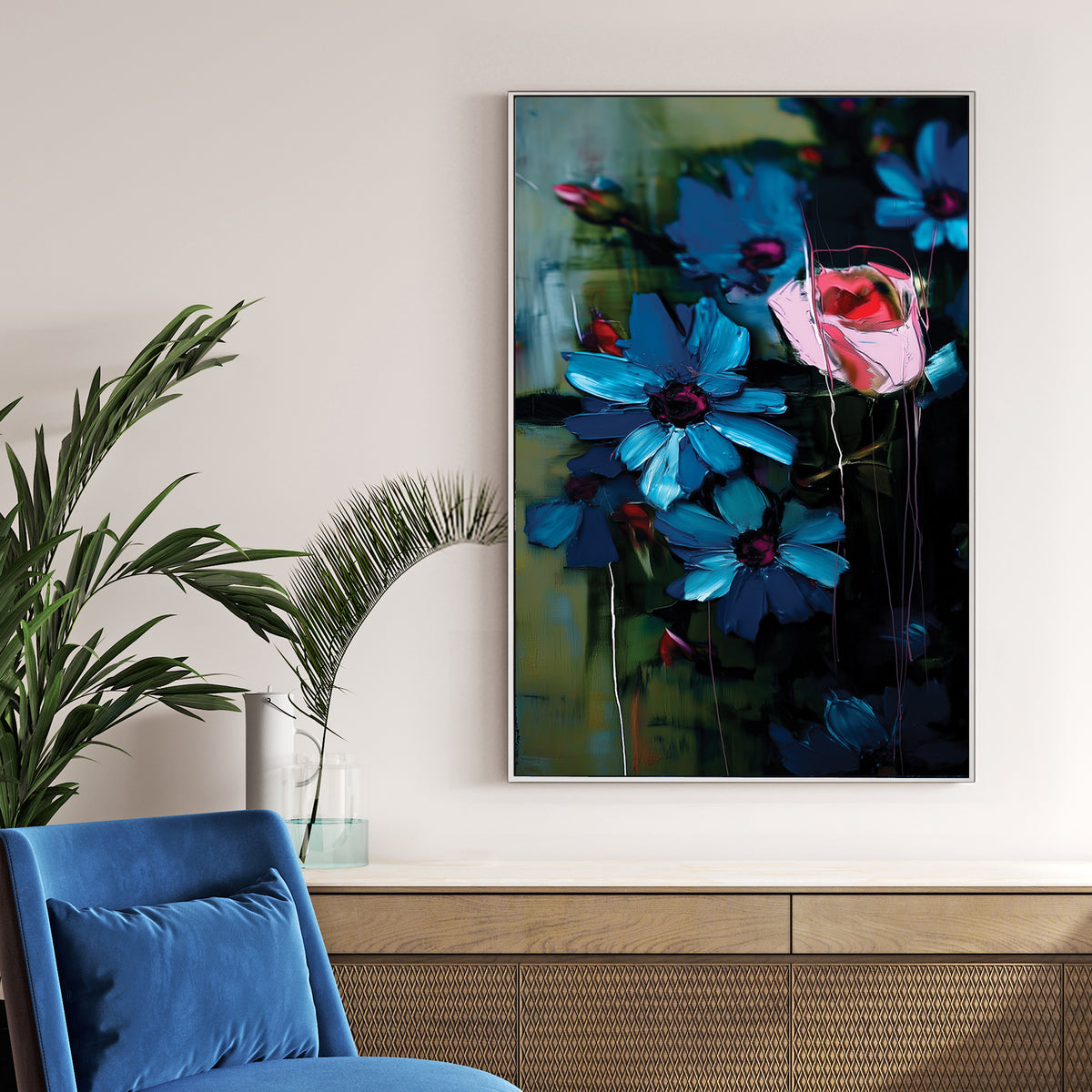 expressive floral wall art with blue flowers and pink rose on dark
