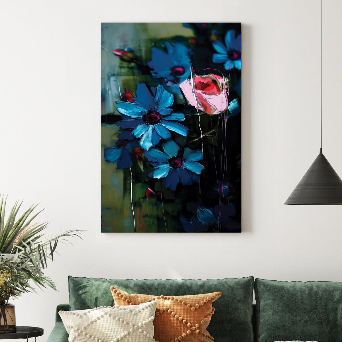 expressive floral wall art with blue flowers and pink rose on dark
