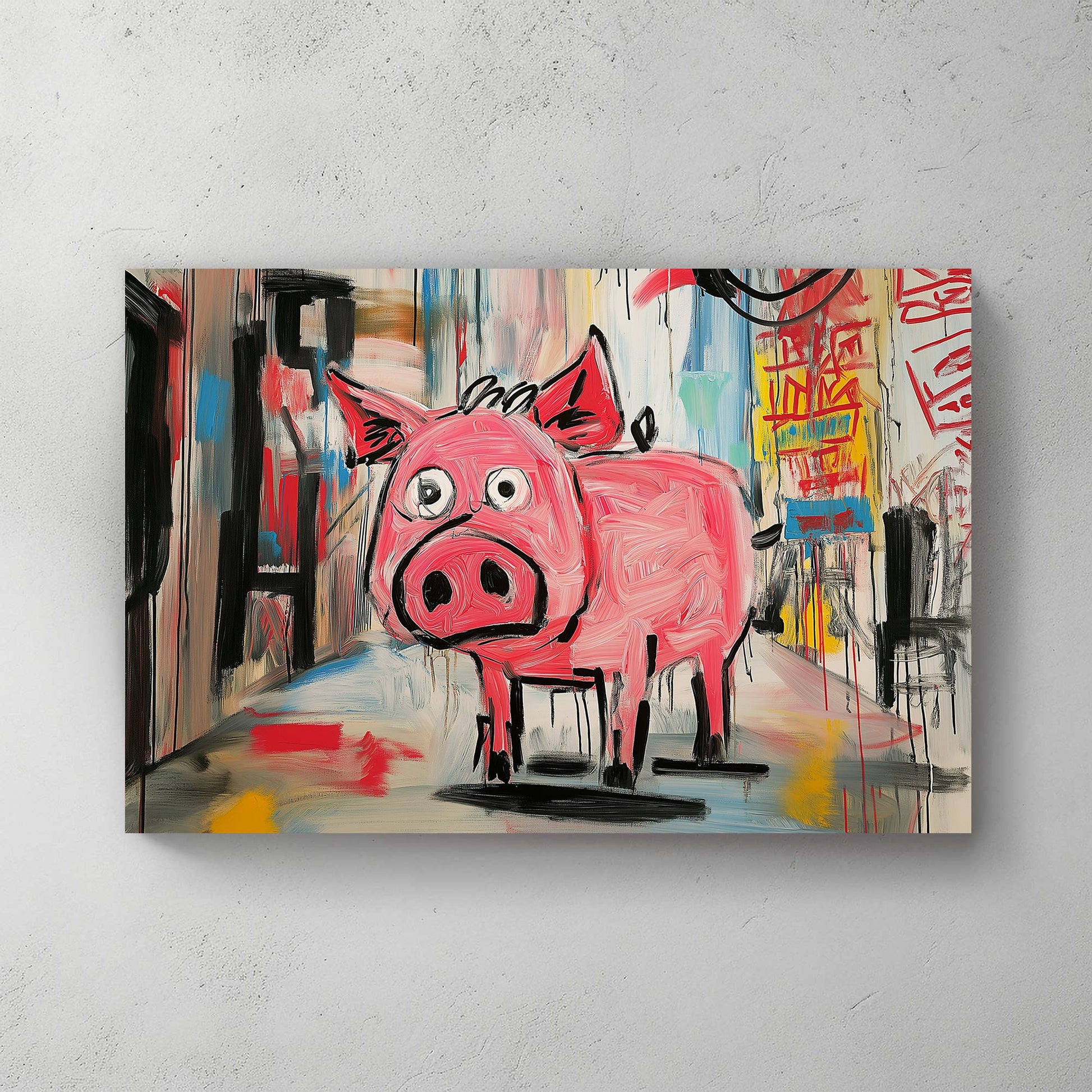 pink cartoon pig in graffiti-style alley wall art