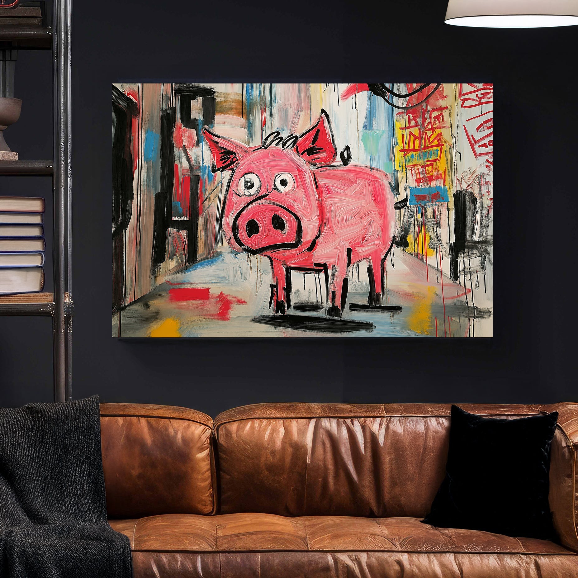 pink cartoon pig in graffiti-style alley wall art