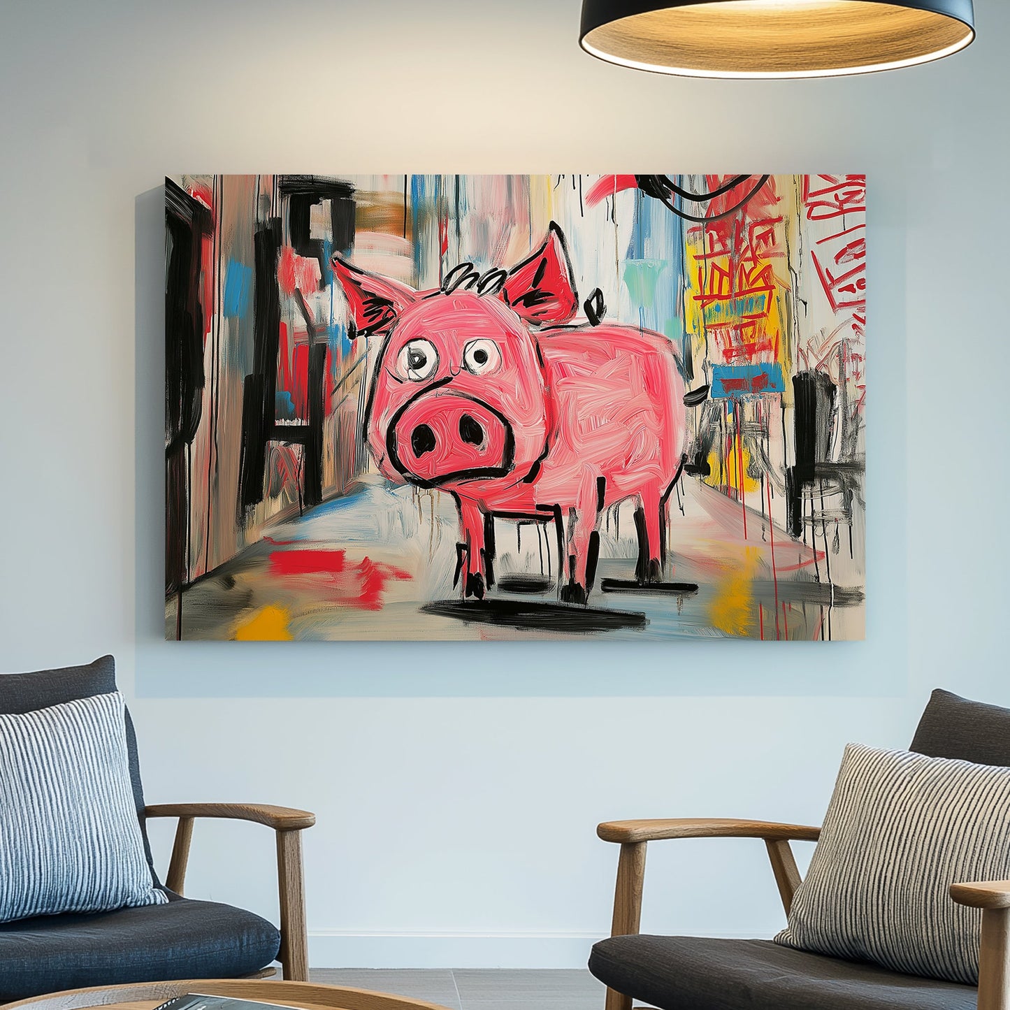 pink cartoon pig in graffiti-style alley wall art