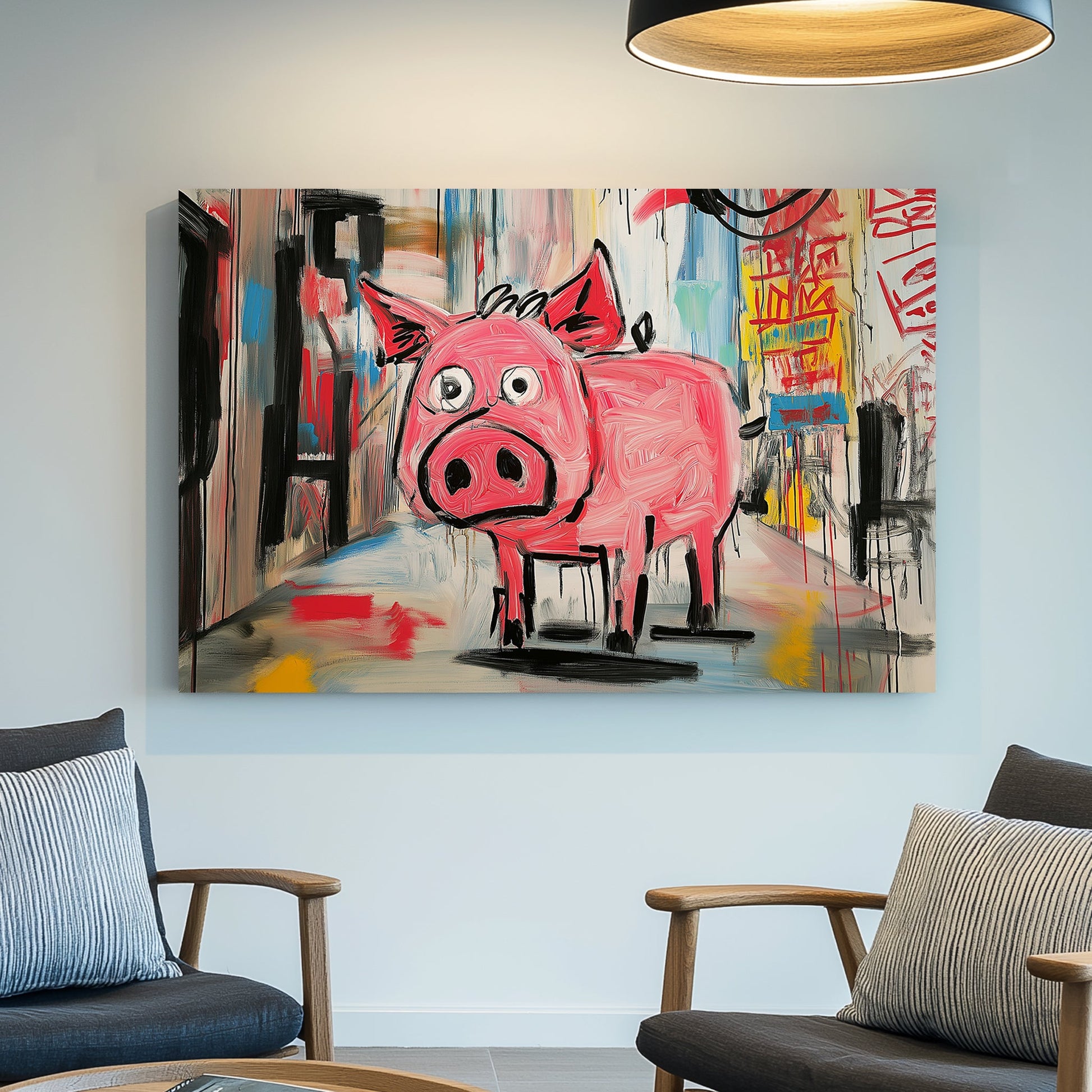 pink cartoon pig in graffiti-style alley wall art