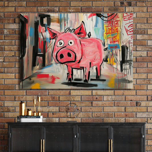 pink cartoon pig in graffiti-style alley wall art