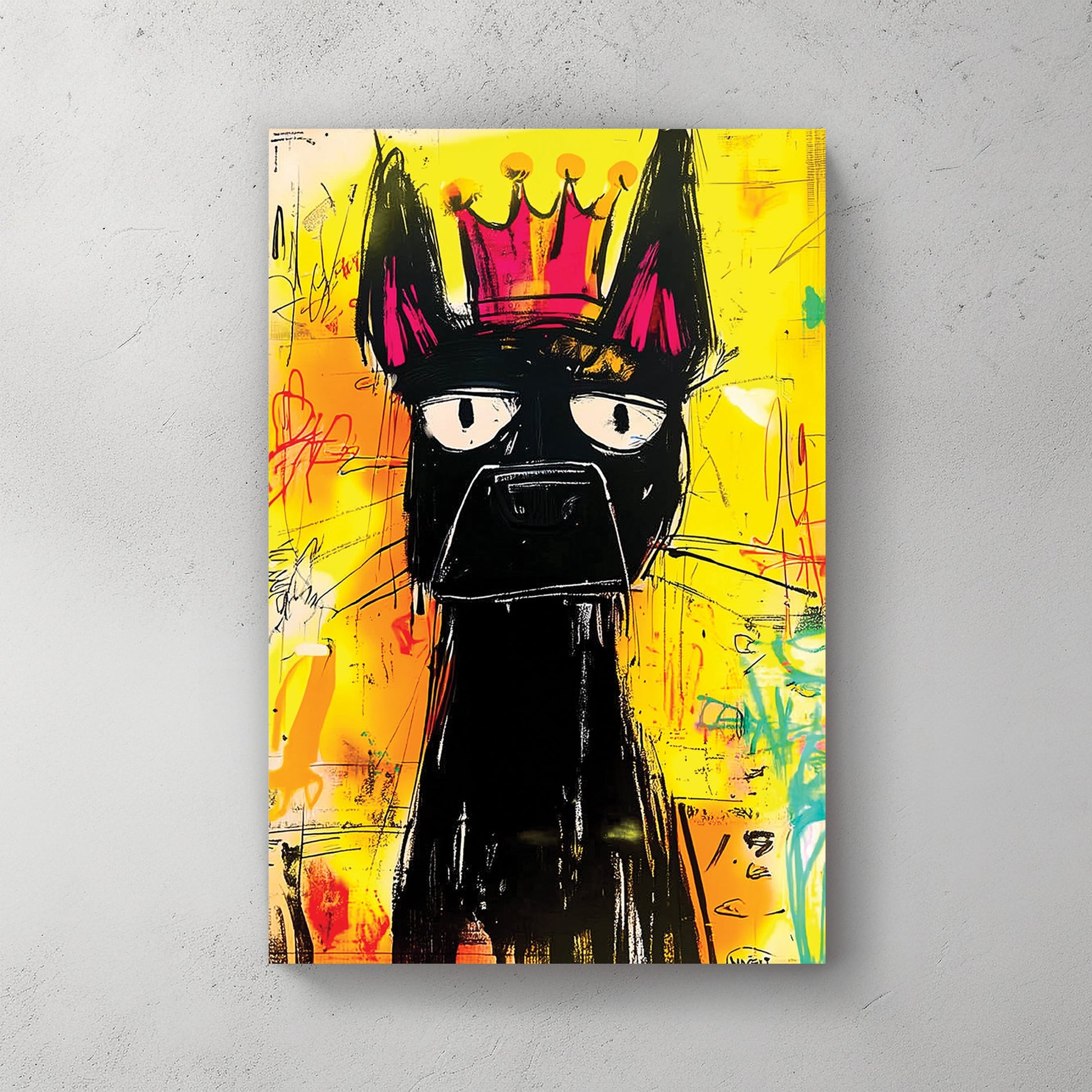 graffiti dog wearing crown wall art with yellow background