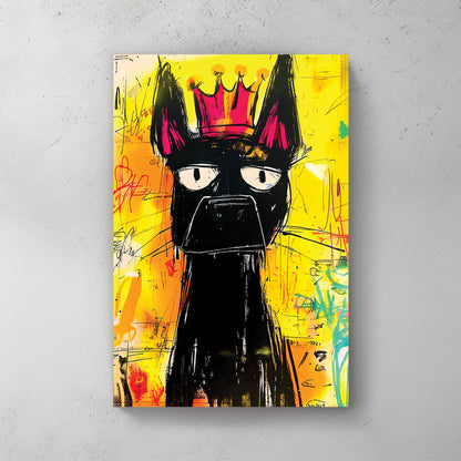 graffiti dog wearing crown wall art with yellow background